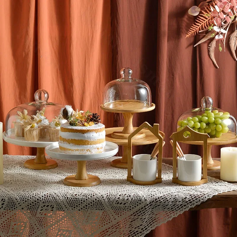 Simple High Foot Wooden Tray with Glass Cover Modern Hotel Wedding Table Decoration Dessert Cake Stand  Trays Decorative