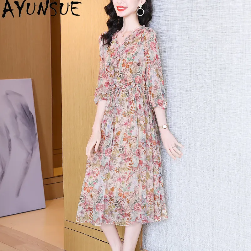 

AYUNSUE 100% Mulberry Real Silk Dress for Women Clothing 2026 Summer Dress Printed Elegant Womens Dresses Vestidos Para Mujer