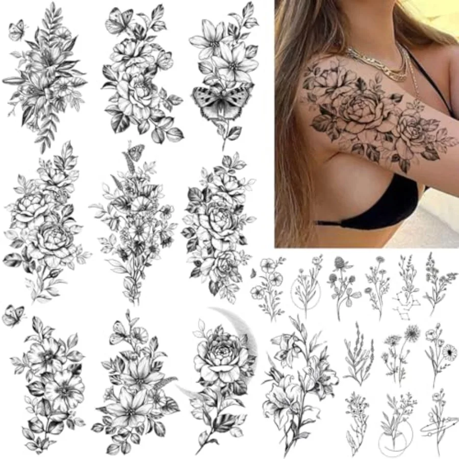 

23 Sheets Flower Temporary Tattoos For Women - Waterproof Realistic Rose Orchid Tattoos Tiny Branch Sketch Fake Tattoos for Wom
