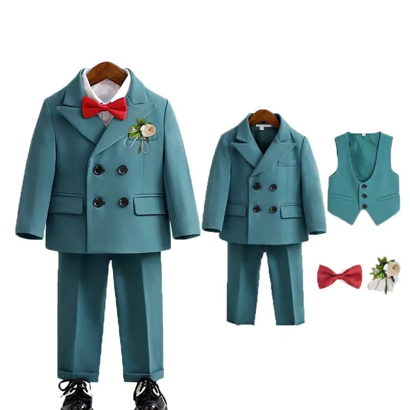 Children Light Green 5Pieces/Set Jacket Vest Pants Bowtie Flower Photograph Dress Kids Suit Boys Wedding Performance Blazer