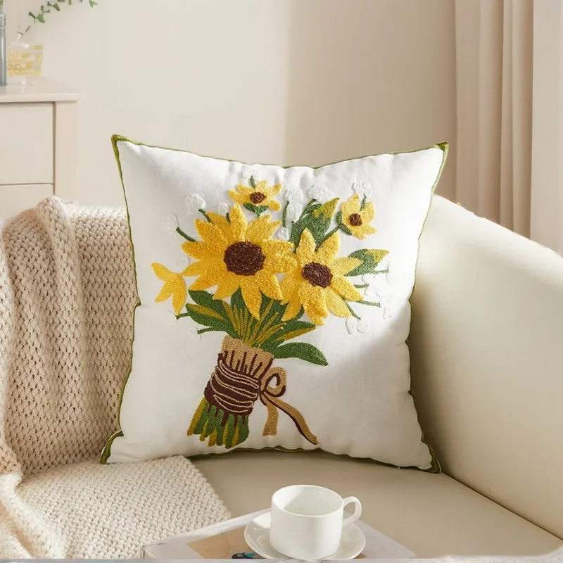 High Quality Towel Embroidered Cotton Flower Embroidered Cushion Cover Home Fabric Bedside Soft Bag Sofa Decorative Pillow Case