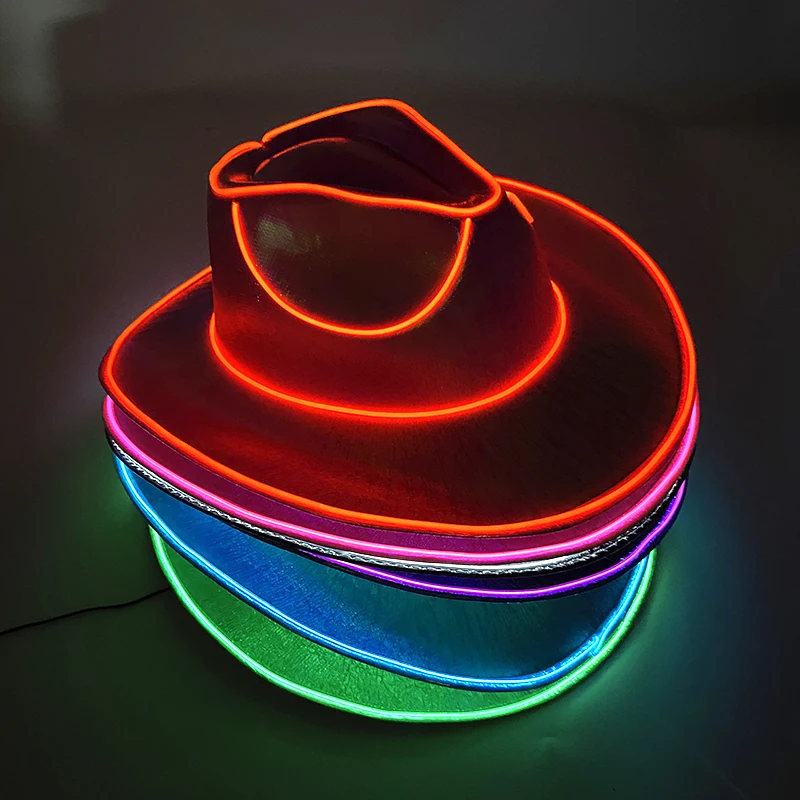 Hot Sale EL Wire Summer LED Light Up Masquerade Hat Luminous Neon Cowboy Hat Beach Club Props Glowing Bride Cowgirl Hat Supplies