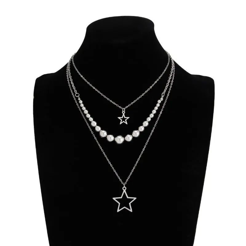 Modische Metall-Sternanhänger-Halskette für Frauen, Punk Hip Hop Silberfarben, mehrschichtige Pentagramm-Quasten-Halskette, Y2K-Schmuckgeschenk – Detail 31