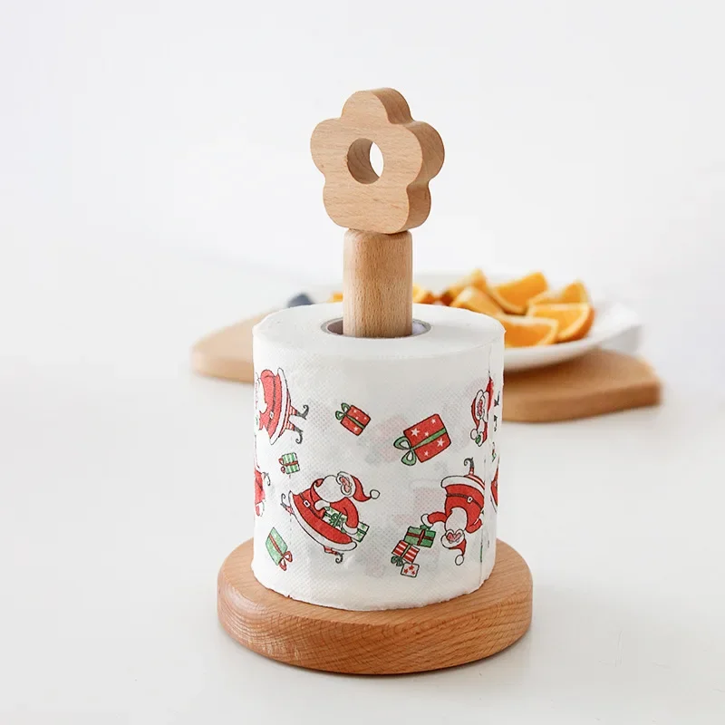HeMu Natural Beech Wood Paper Towel Holder Stand, Countertop Roll Dispenser with Flower Top, Rustic Kitchen Bathroom Accessory