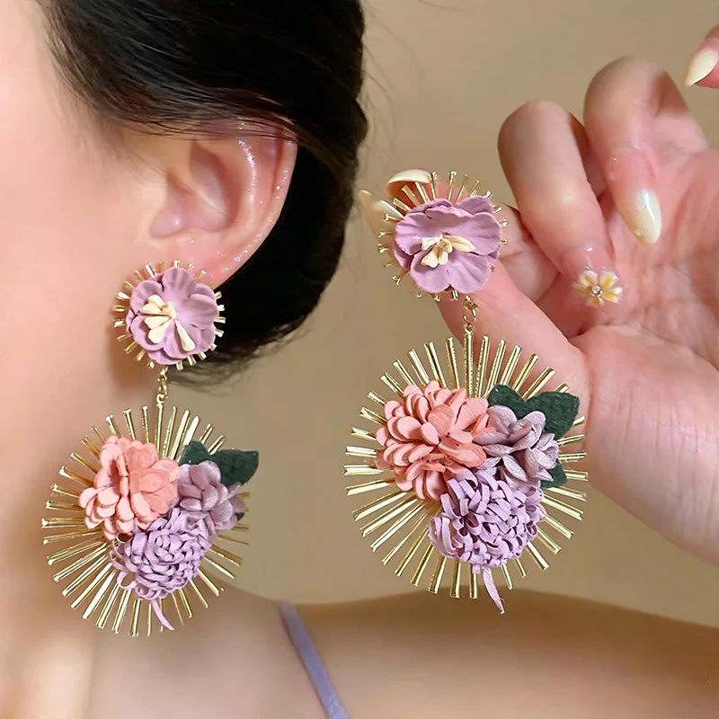 Oversized Tropical Earrings Colorful Fabric Petal Jewelry Modern Statement Dangle Group Unique Pink Flower Accessories for Gala