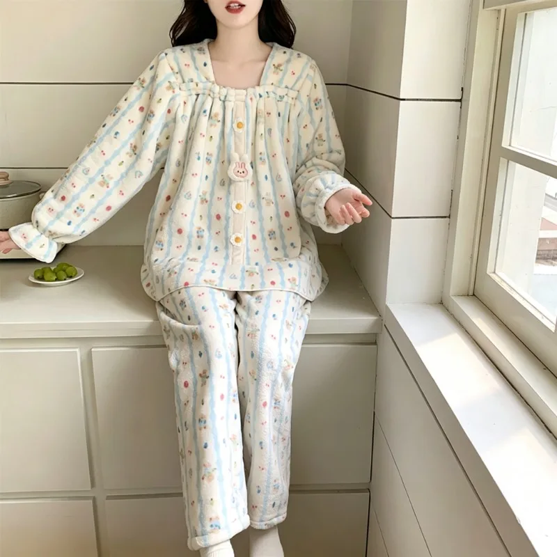Sweet Sleep Outfit for Women Winter Square Neck Cute Print Detail Button Down Warm Long Sleeve Cozy Homewear 2Pcs Pajama Set
