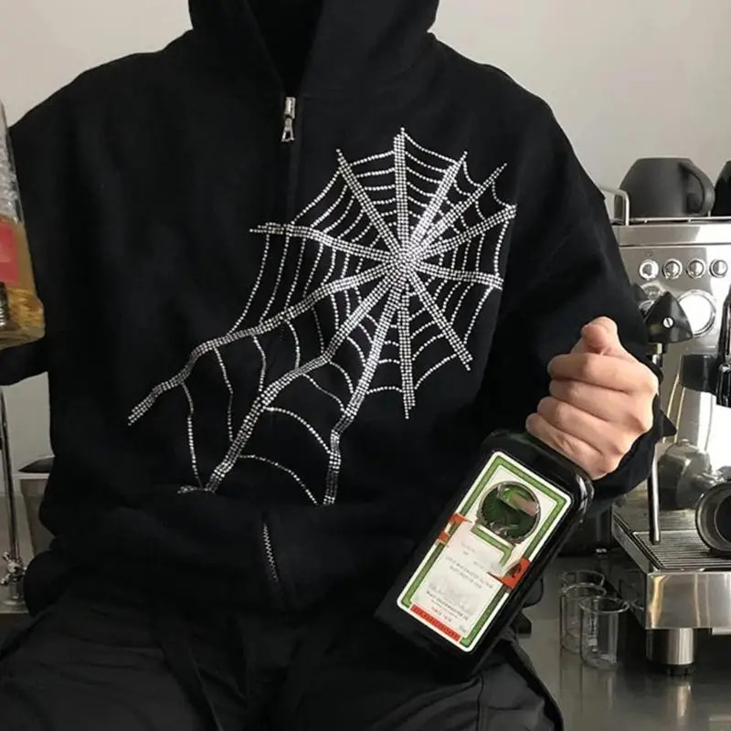 

Women Punk Long Sleeve Hoodies for Jacket for Rhinestone Web Zip Up Sweat 6XDA