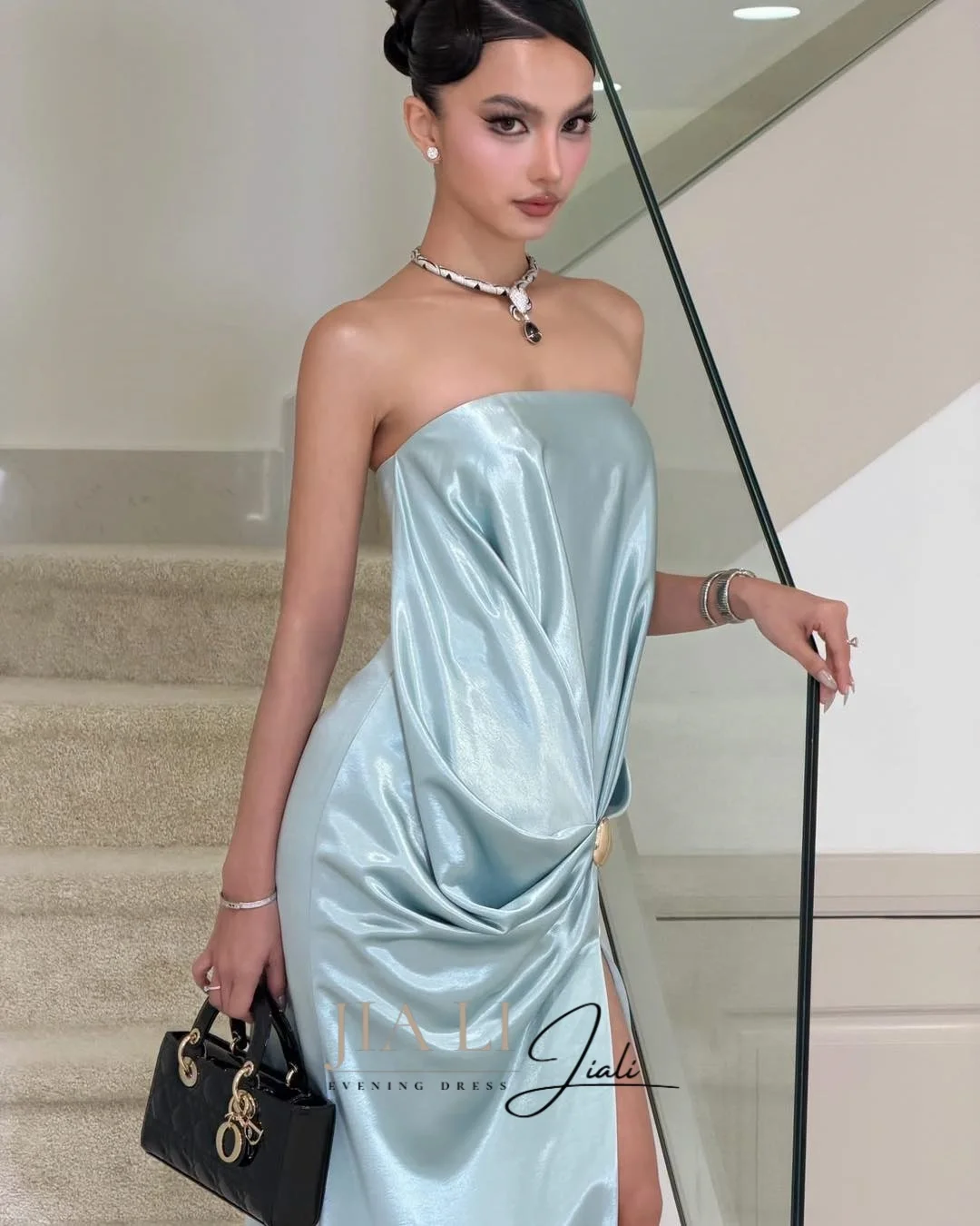 Jiali 2026 Customized Blue Satin Strapless Straight Evening Dress Floor-Length Sleeveless High Slit Pleated Metal Ring Twist