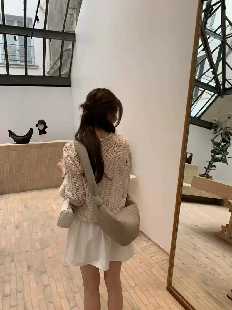 East Gate OUCE Gentle Wind Cardigan aperto lavorato a maglia scavato sciolto pigro versatile Top da donna vestibilità ampia lungo Sve V-Ne Kni...