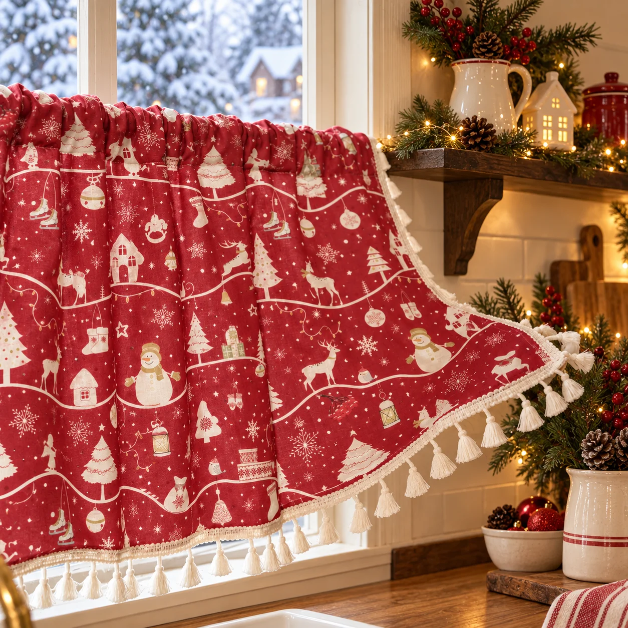 1pc Christmas Style Kitchen Short Curtain, Rod-Pass Through Half Curtain, Coffee Curtain, Bathroom, Restaurant Window Covering