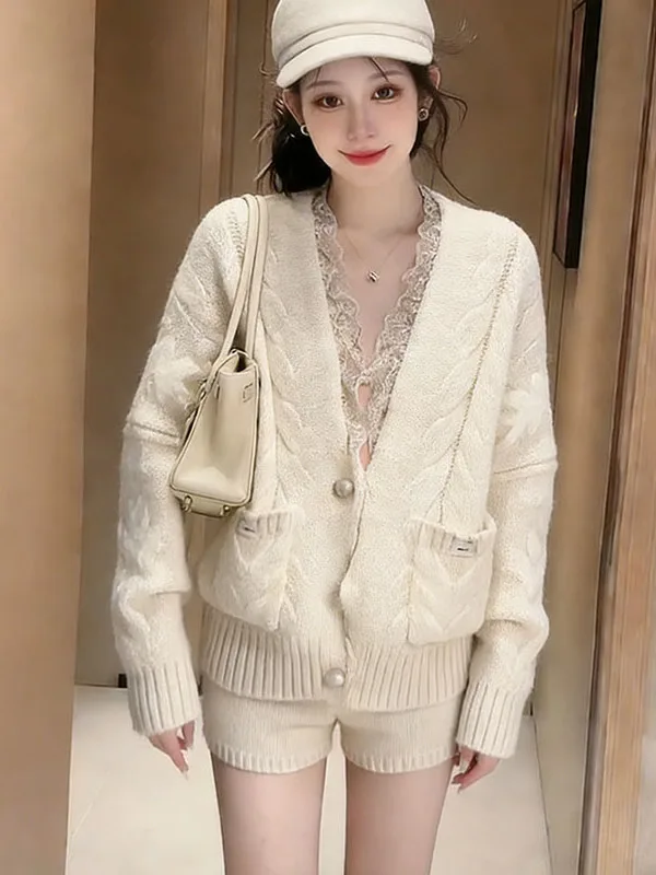 

White Lace Trimmed High Waist Straight Leg Pants And Knitwear Outerwear Women's Fashion Set Autumn Winter High End Feel