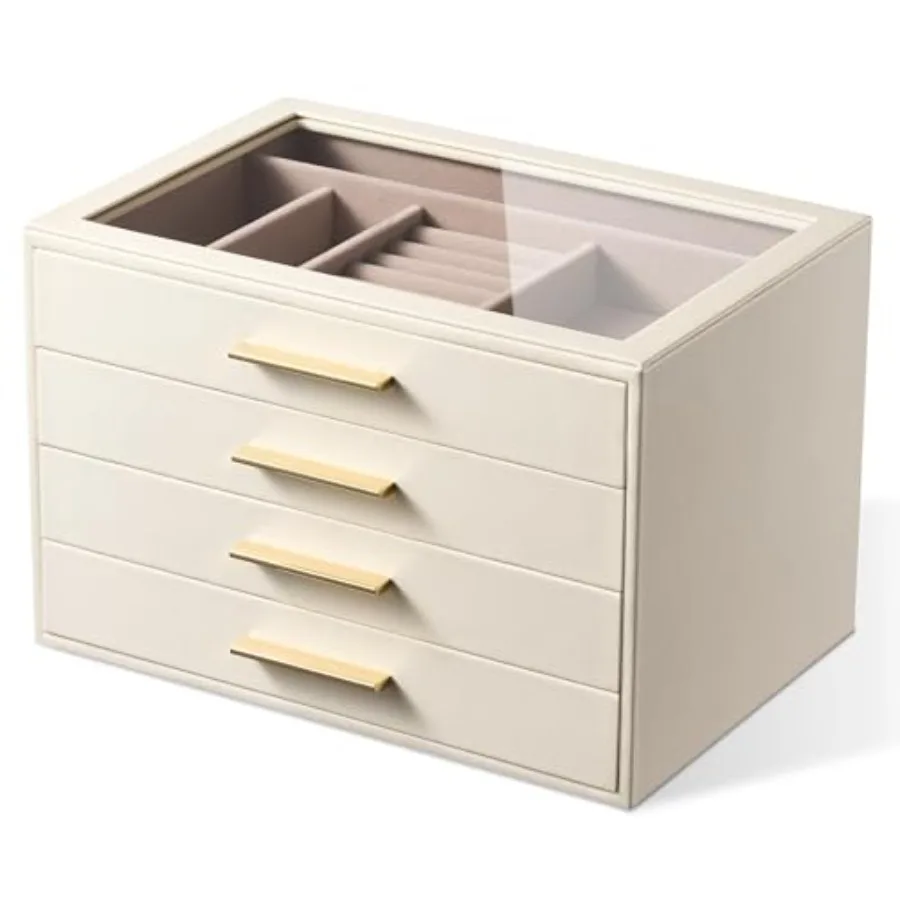 

Jewelry Box Organizer Case for Women: 4-Layer Jewelry Storage Case with Glass Window Ivory Leather with Pink Velvet Holder for