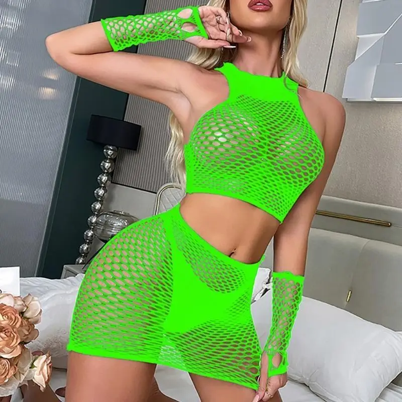

39XE Women Hollow Out Skirt See Through Crop Tops Fishnet Bodysuit with Gloves Set