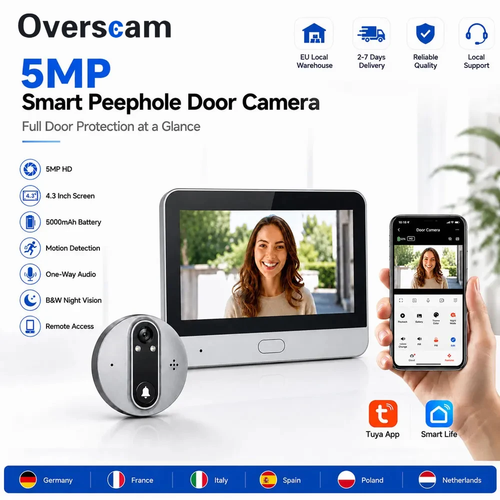 4.3 Inch 5MP Tuya Peephole Camera Door Viewer 5000mAh Battery PIR Detection Remote Access Electronic Monitor Security Camera