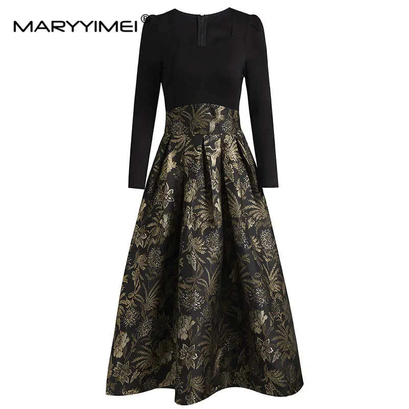 Gedivoen Otoño Invierno moda mujer vestido cuello cuadrado manga larga Patchwork Jacquard vestido de baile Vintage vestidos elegantes