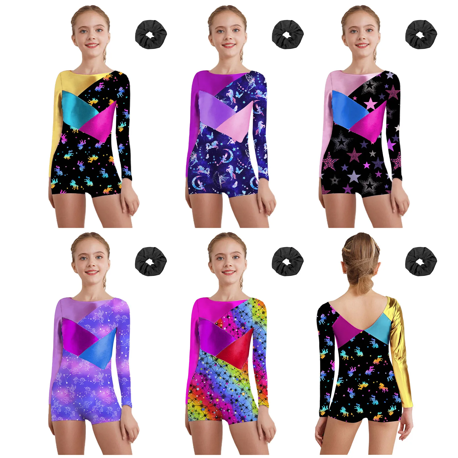 어린이 소녀 체조 발레 댄스 레오타드 긴 소매 메탈릭 샤이니 프린트 바디수트 피겨 스케이팅 요가 수영 스포츠 피트니스용