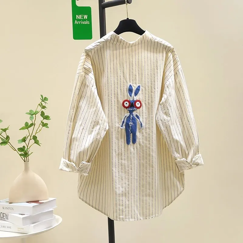 

Off Blue Striped Loose Casual irt Women's Spring New Artistic Sle Cotton Long Sve Collar Mid-Length irt