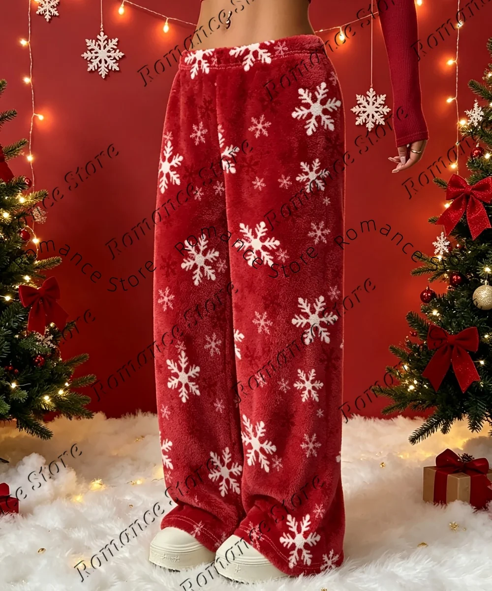 Women Soft Plush Christmas Pajama Pants Red Snowflake Print Flannel Trousers Elastic Waist Casual Loose Homewear for Fall Winter