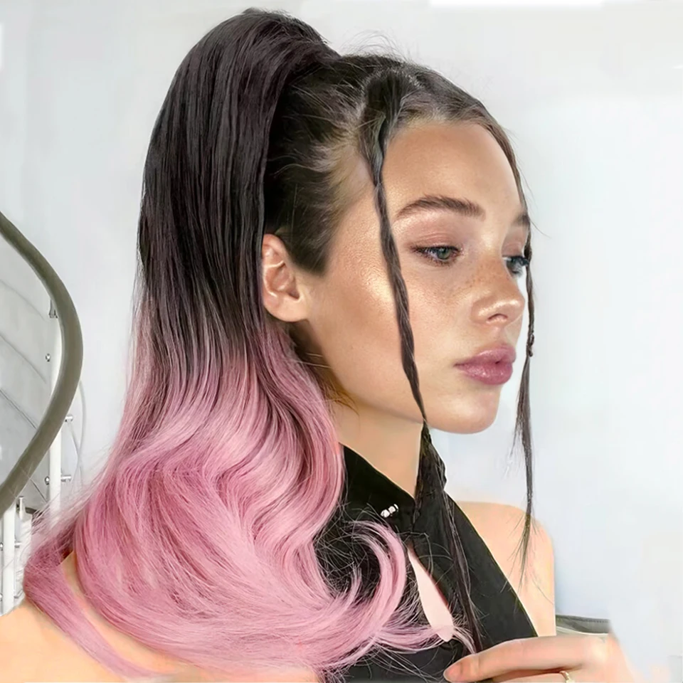 Grasping ponytail with long curly hair and heat-resistant fiber synthetic wig black with pink is suitable for daily wear