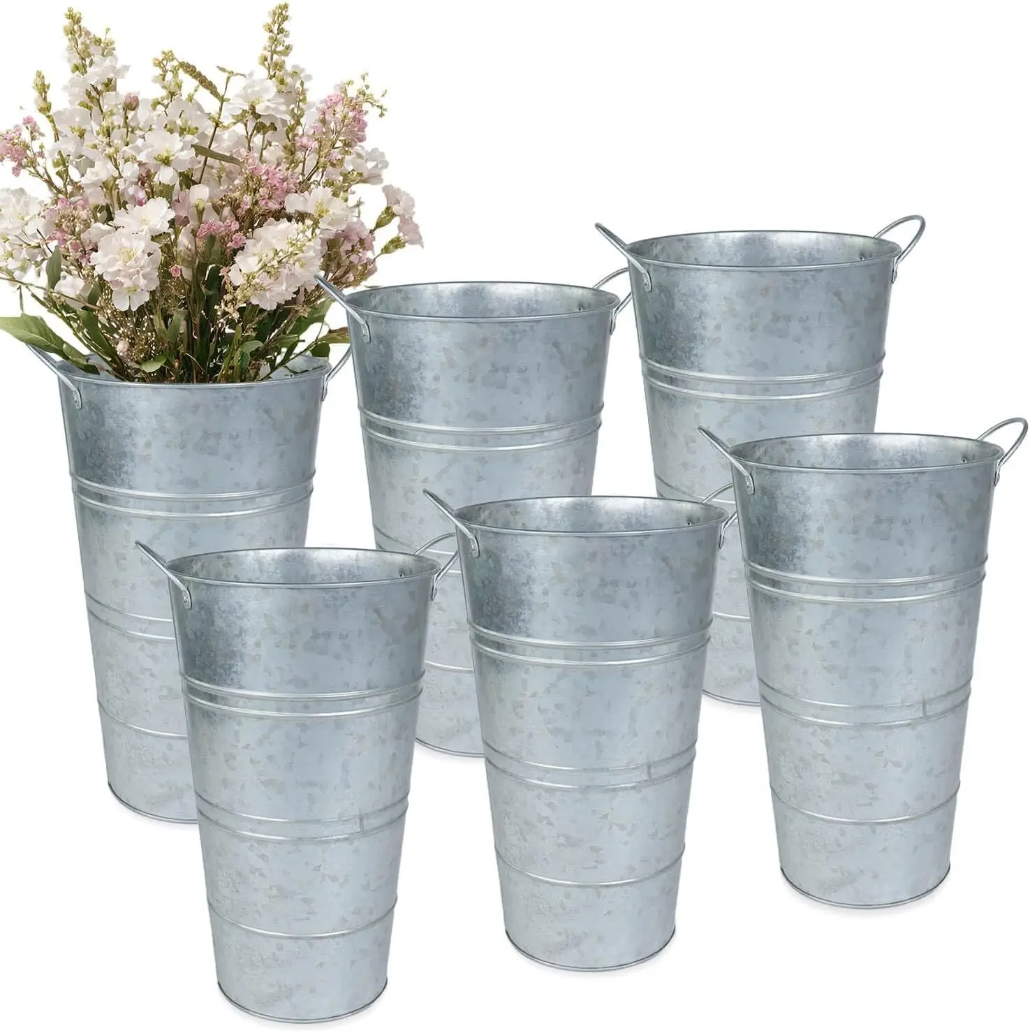 

12 Inch Galvanized Metal Vases, 6-Pack Farmhouse Flower Buckets with Handles for Rustic Wedding Decor