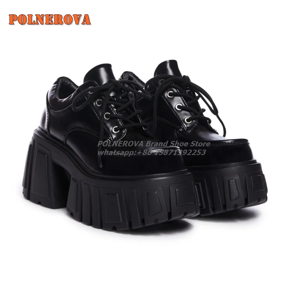 

Platform Lace-Up Thick Sole Pumps Round Toe Height Increasing Patchwork Black Women Loafers Dress Retro 2024 Autumn Trend Shoes