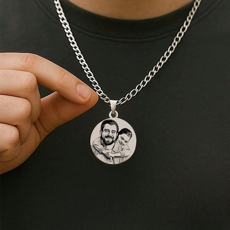 Customized Cuban Chain Necklace Personalized Laser Engraved Portrait Photo Couple Memorial Pendant Necklace Gift For Boyfriend