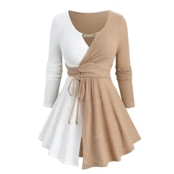 Women's Tops Plus Size Chain Panel Surplice Cinched Waist Two Tone Ribbed Textured T-shirt Fall Casual Stretchy Blouse