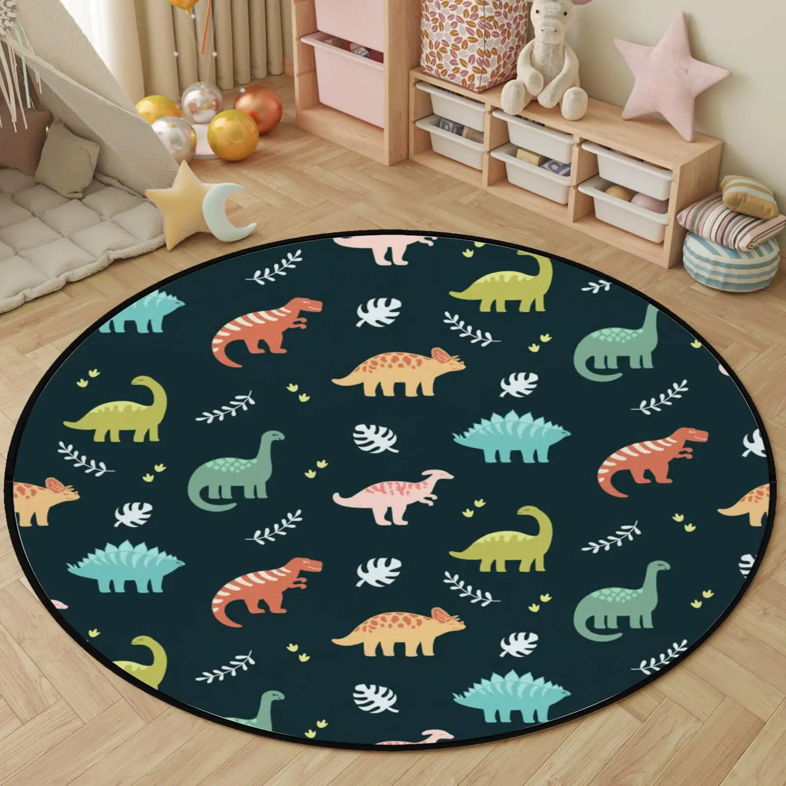 Cartoon Dinosaur Round Carpet Cute Dino Circle Rug for Living Room Playroom Office Laundry Decor Non-slip Comfort Play Yoga Mat