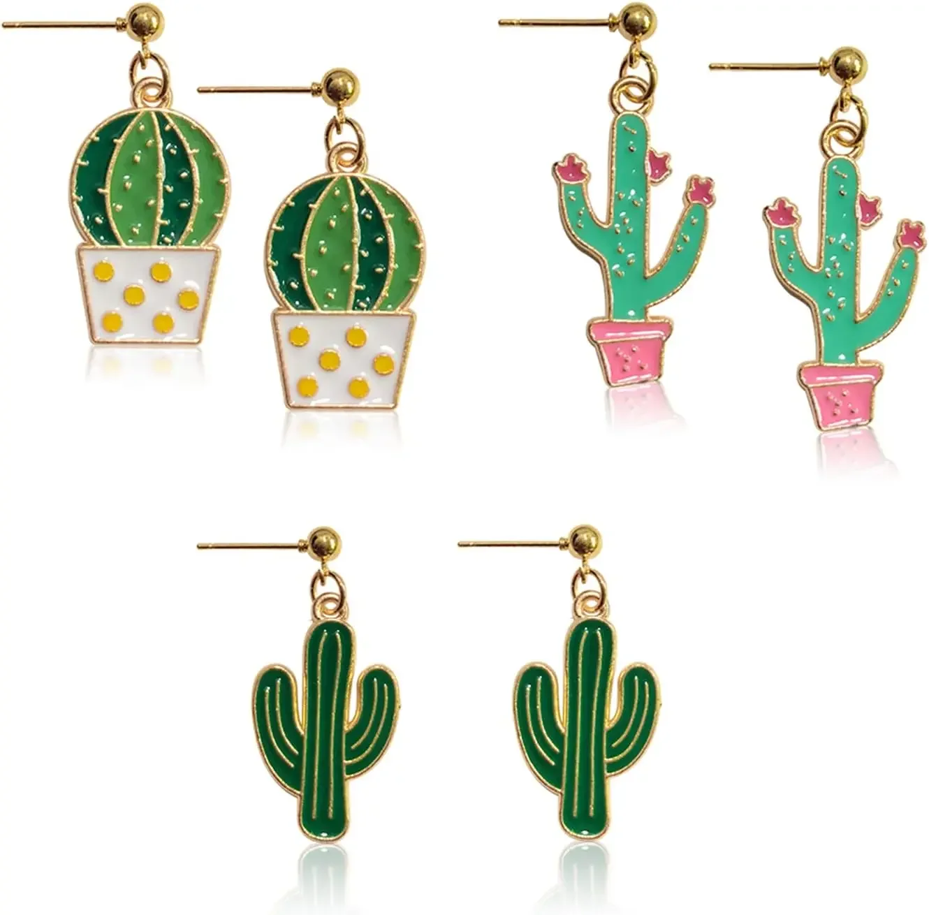 

3 Pairs Handmade Lightweight Funny Green Enamel Plant Cactus Dangle Earrings Sets for Women Sweet Creative Potted Stud Earrings