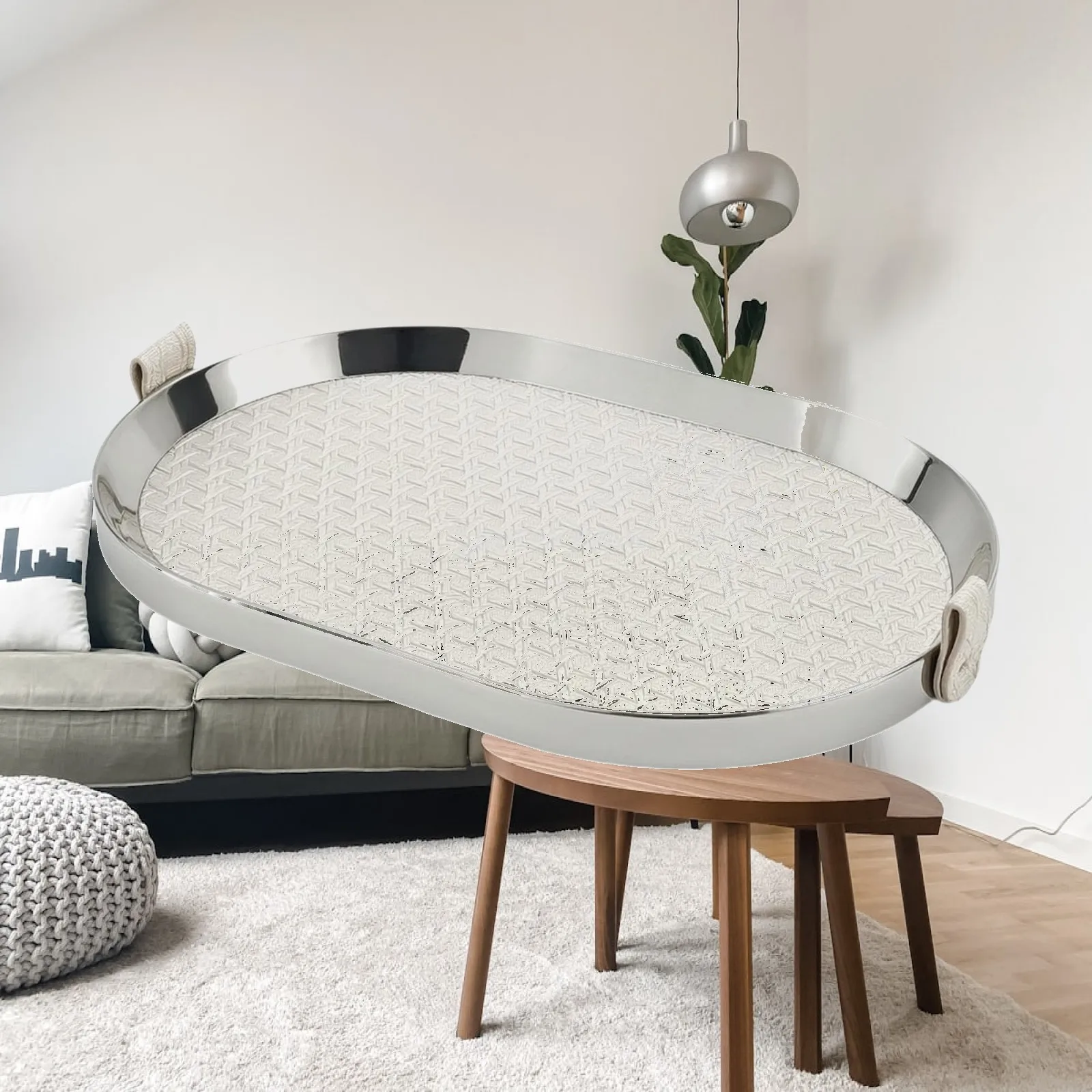 Stainless Steel Tray with Handles Polished Serving Tray with Handles Platter Decorative Low-Profile for Coffee Table, Vanity