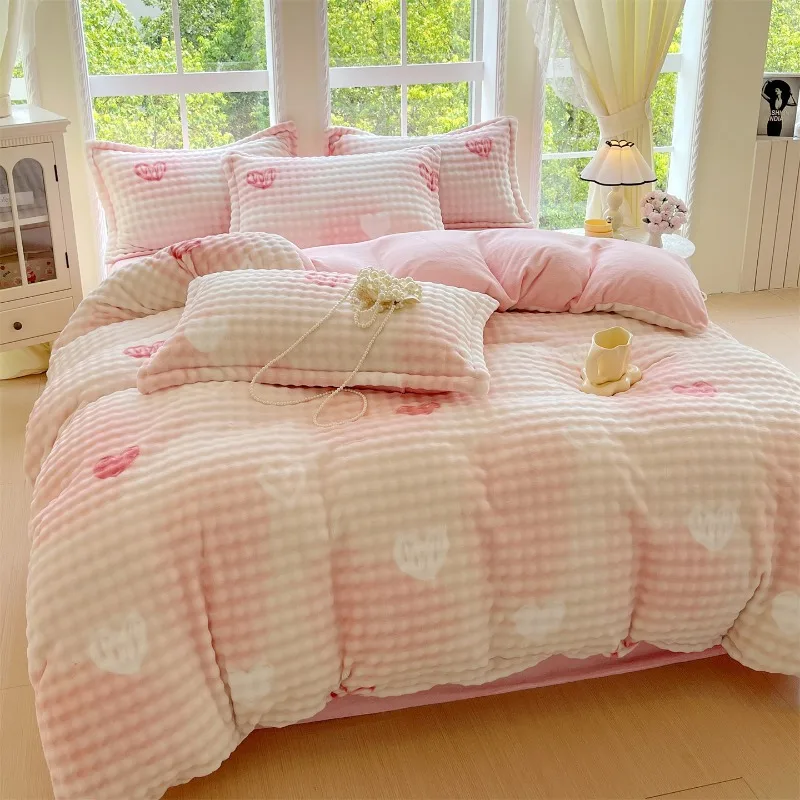2025 New Printed Class A Rabbit Plush Milk Plush Four-piece Winter Thickened Warm Sheet Student Dormitory Bed Kit