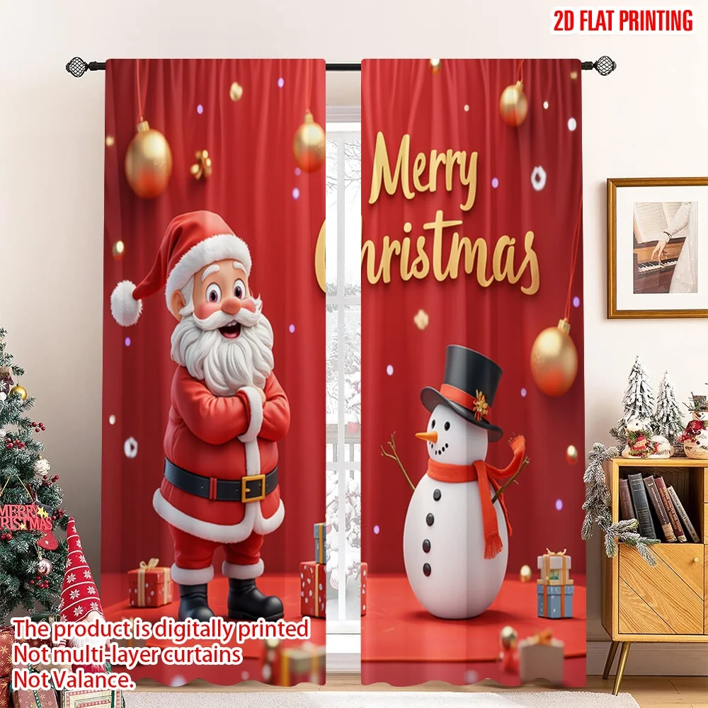 

2pcs 2D flat printing Christmas Scene Curtain Merry Christmas Santa Snowman_b 100% Polyester Without Electricity Holiday
