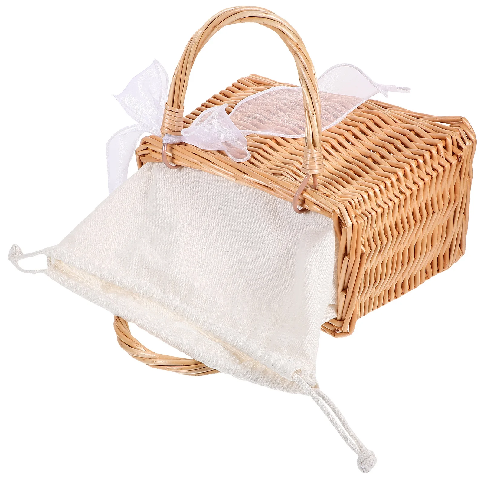 

Woven Basket Rectangular Storage Basket With Ribbon Handle Decorative Flower Holder Multi-Purpose Tote Bag Wicker Handbag
