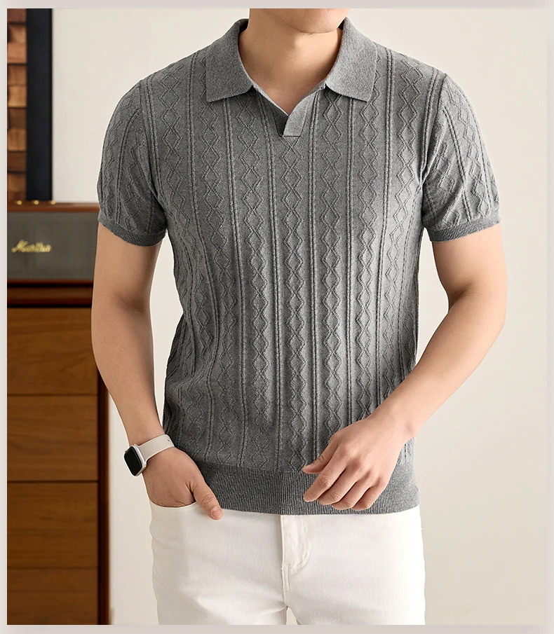 Luxuriöses, gestricktes 100% Baumwoll-Poloshirt für Herren, kurzärmelig, neu, Jacquard, weich, atmungsaktiv, modisch, hochwertig, einfarbig, lässiges T-Shirt. – Detail 5