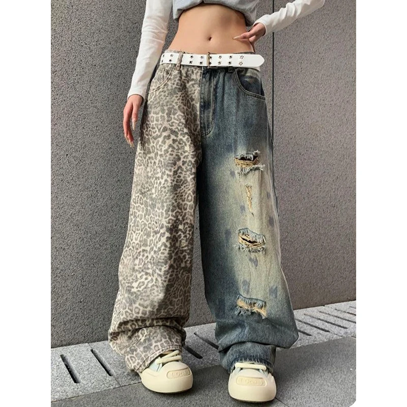 ZHIZOU Baggy-Jeans für Damen, Y2k, japanisch, amerikanisch, Retro, zerrissen, Leopardenmuster, Denim-Hose, Grunge, Harajuku, Hip-Pop, Cowboy, breite Passform