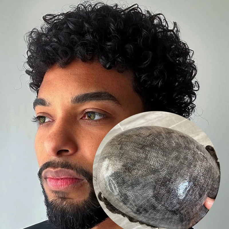 

Мужской парик-накладка из натуральных афро-волос, 18 мм, кудрявый, черный, с основой из микропленки 0,1 мм, естественная линия роста волос, система замещения волос 15 мм для мужчин с выпадением волос