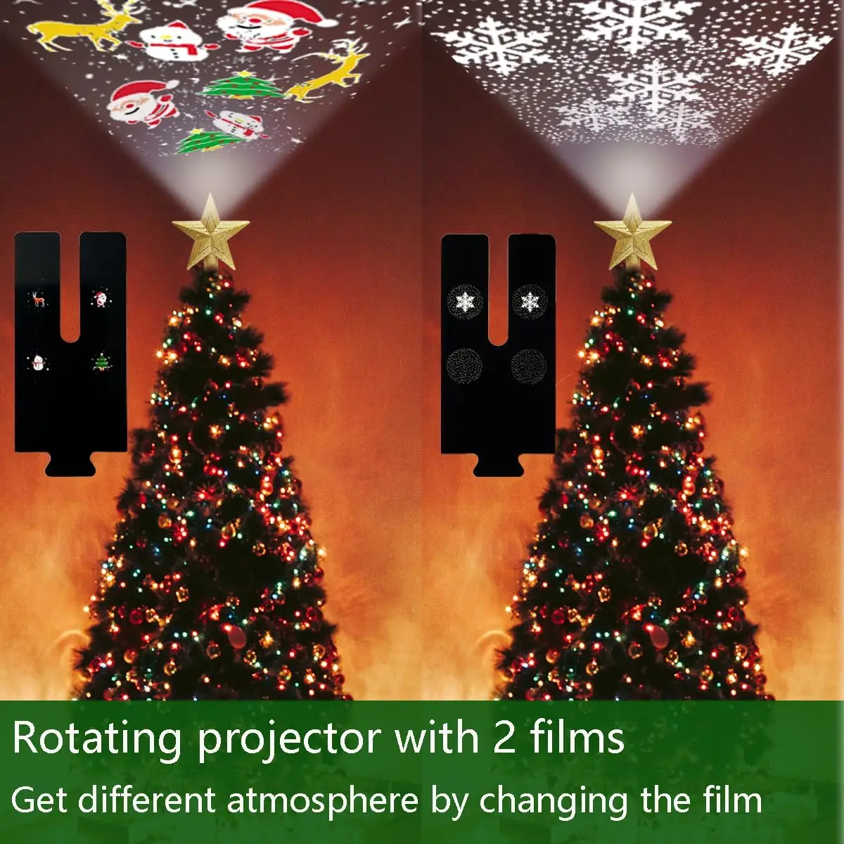 Christmas Tree Topper Projector Gold Star with Highlight LED Rotating Snowflakes and Santa Claus Projector Xmas Tree Top Decore