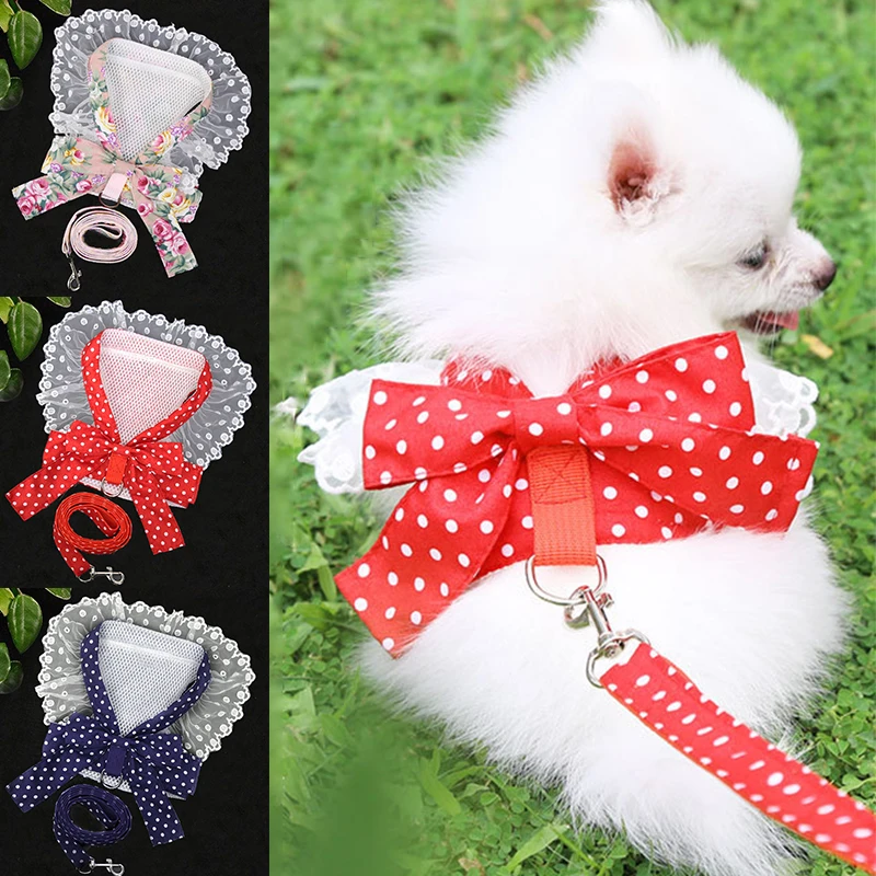 

Dog Cat Walk Bow Knot Harness With Leash Outdoor Small Medium Large Pet Chest Strap Dog Adjustable No Pull Lace Mesh Vest Collar