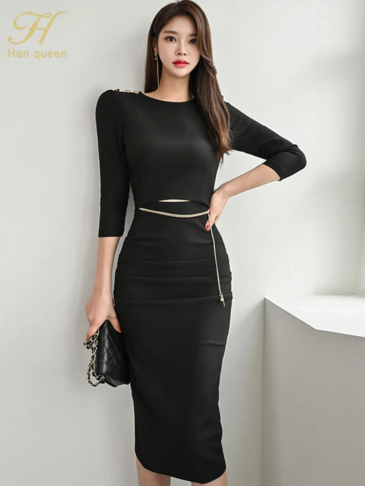 H Han Queen New Spring Waistless Sexy Women Dresses Fashion Korean Bodycon Dress Simple Black Office Casual Party Vestidos