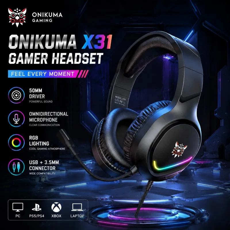 ONIKUMA X31 Gaming Headset Professional Wired Headphones 50mm Dynamic Speaker RGB Lighting Adjustable Mic for PC Laptop Console