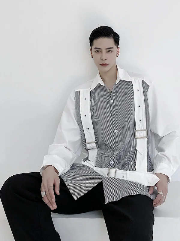 

Stripe Color Blo Design Long Sve Men's irt Loose Fit Trendy Model Tie Belt Casual irt for Youth Summer