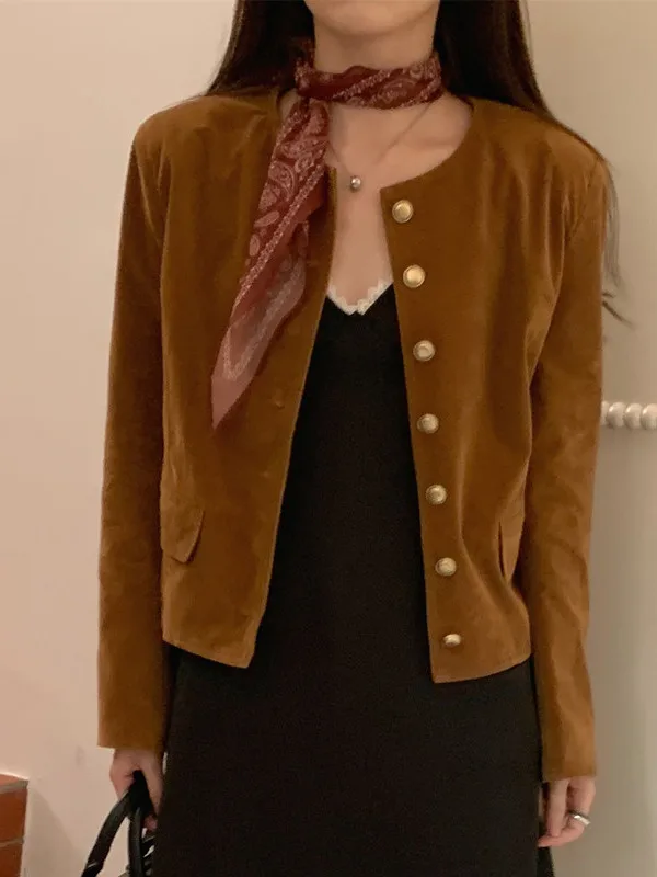 

Chic ort Suede Jaet Single Button round Ne Retro Sle Autumn Winter Coat Small Fraance Sle Suit Top for Women