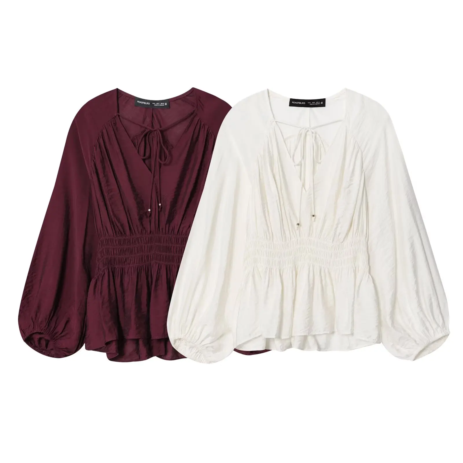 

25 early autumn new French temperament lace-up waist slimming V-neck shirt lantern sleeve pleated top for women