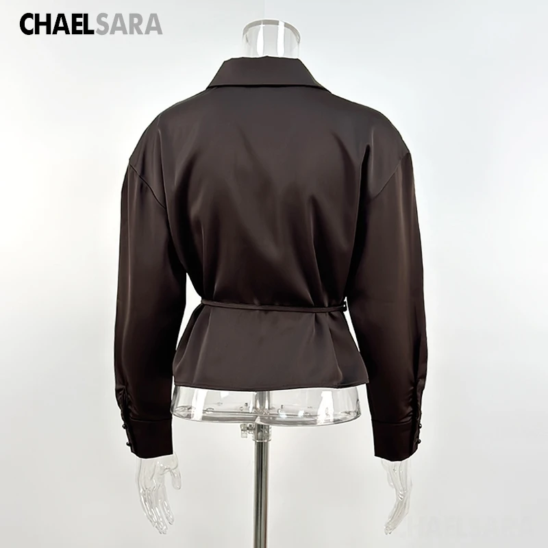 Women's Satin Belted Long Sleeve Blouse - Elegant Office Top