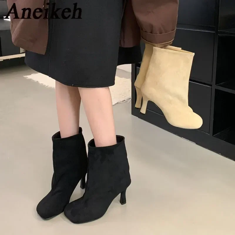Aneikeh NEW Autumn Sewing Flock Ankle Square Toe Boots Women Leisure Thin Heels Boots Concise Black Botines Mujer
