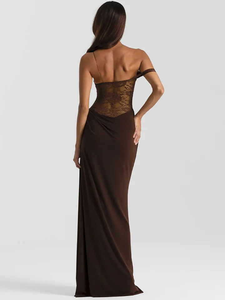 Vestido largo sexy de encaje transparente de un hombro para mujer, elegante, sin mangas, escote bardot, espalda descubierta, para fiesta 3