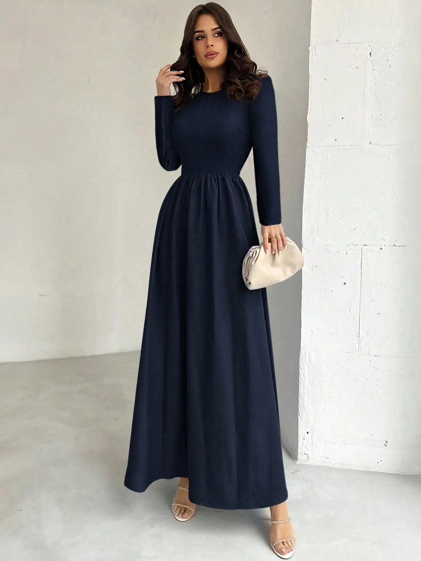 خريف جديد النمط الفرنسي فستان طويل الأكمام الخصر cinched ألف خط تنورة طويلة #5