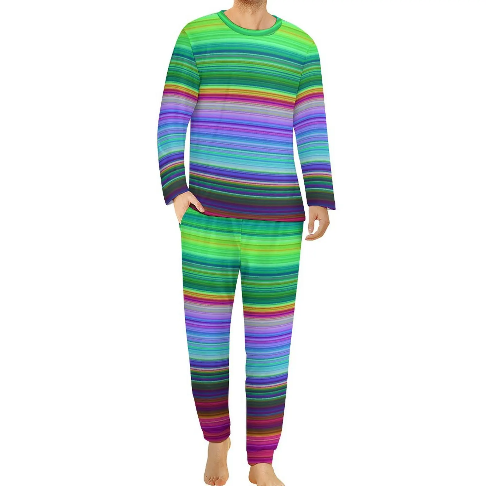 Colorful Striped Pajamas Man Rainbow Print Retro Sleepwear Autumn Long Sleeve 2 Pieces Casual Pajama Sets Large Size 5XL 6XL