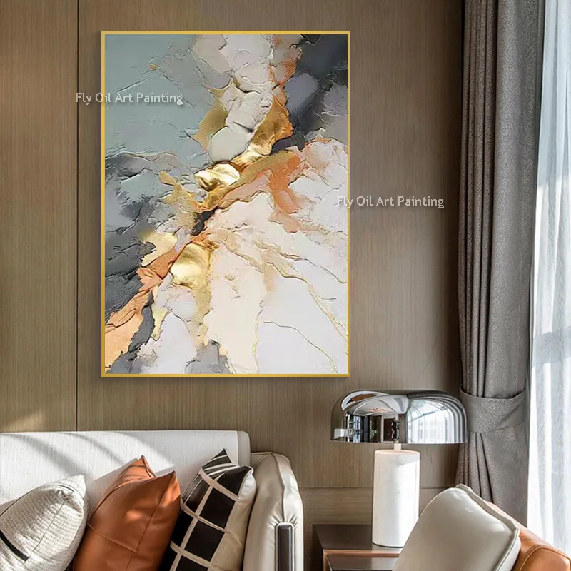 100% Hand Painted Abstract Blue Beige Oil Painting On Canvas Hand Painted Gold Foil Modern Wall Art Home Decor As Best Gift