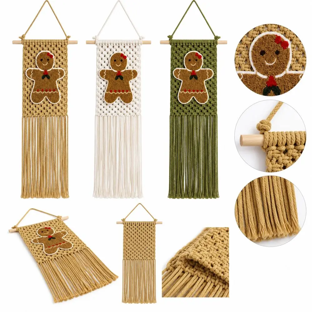 25x60cm Gingerbread Man Wall Hanging Tassel Fringe Handmade Woven Gingerbread Man Decoration Rustic Style Gingerbread Pattern